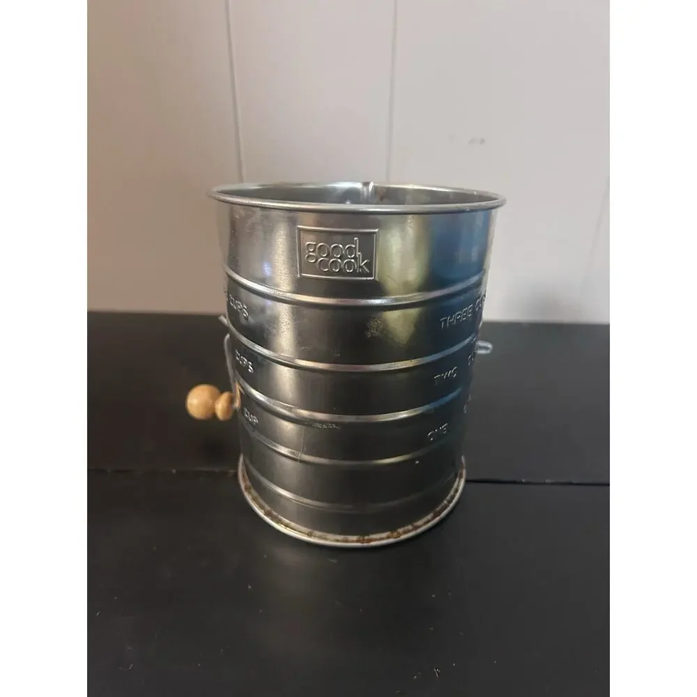 Vintage Good Cook 3 Cup Flour Sifter Metal Hand Crank Wood Handle Baking